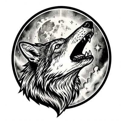 Traditional tattoo flash illustration, Wolf head howling at moon , bold black ou