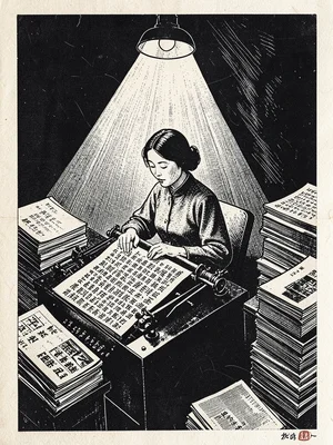 A woman at a typewriter, the paper in the carriage covered in dense text, stacks