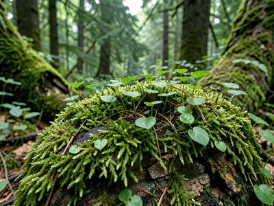 Nurse log covered in moss supporting seedlings