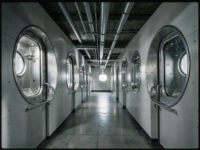 Corridor between capsule blocks — identical hatch doors repeating to a vanishing
