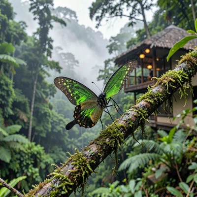Cloud forest mist layers in Costa Rica, A glass-winged butterfly on a moss-cover