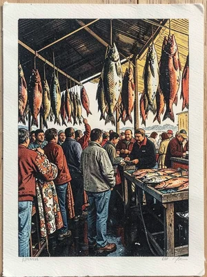 Market stall of hanging dried fish — crowd of shapes in two strong complementary