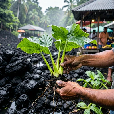 Stark black volcanic surfaces against verdant green, A farmers hands holding fre