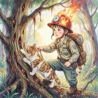 Storybook portrait of a young scout in oversized fire-helmet helping a stray cat