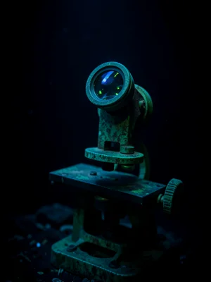 Brass microscope eyepiece and focusing knob, verdigris patina on old instrument
