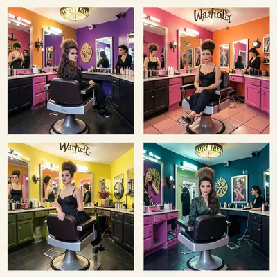 Hair salon in Warhol style, four repeated panels, different color palettes
