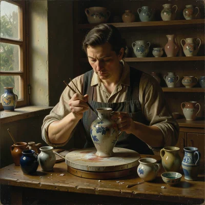 A ceramicist painting a vase with fine brushes, the turntable, pots of glaze, sh