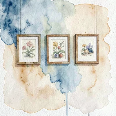 Painterly watercolor of an empty crit-wall with three small framed studies, cool