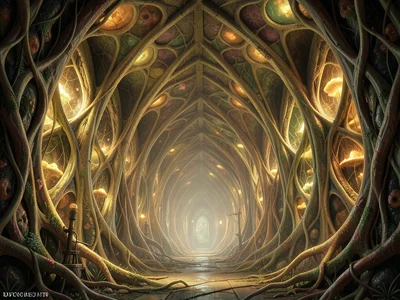 Underground chamber with walls of glowing fungal mycelium, natural cathedral vau