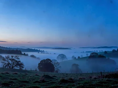 Fog thinning to reveal pastoral landscape in stages