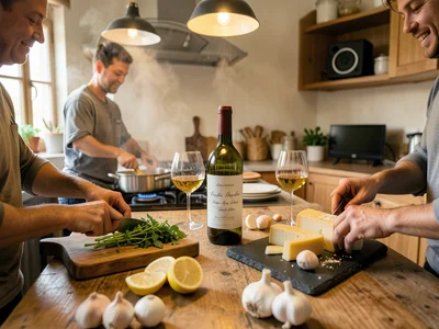 A kitchen island during meal prep with friends, three sets of hands visible — on