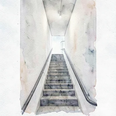 Vertical watercolor of a narrow stairwell connecting two gallery floors