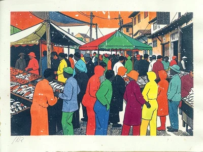 Busy fish market crowd — all figures reduced to three bold overlapping color pul
