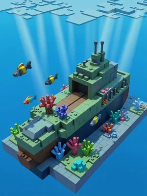A voxel submarine underwater with fish, coral blocks, and light rays from the su