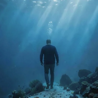 Deep oceanic blue saturation, light filtering through density, A person in a nav