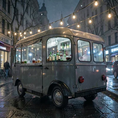 Nocturnal scene of a mobile bar at night under a string of bulbs, condensation o
