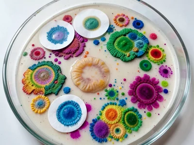 Antibiotic sensitivity test, paper disks with clear halos of inhibition in bacte