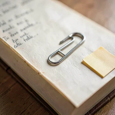 Macro of a folded manuscript page with a paperclip and a small sticky tab