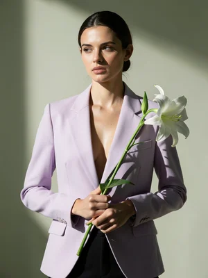 A model in a structured pastel lilac blazer with no shirt underneath, holding a 