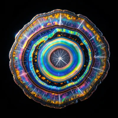 Petrified wood cross-section showing growth rings replaced by colorful chalcedon