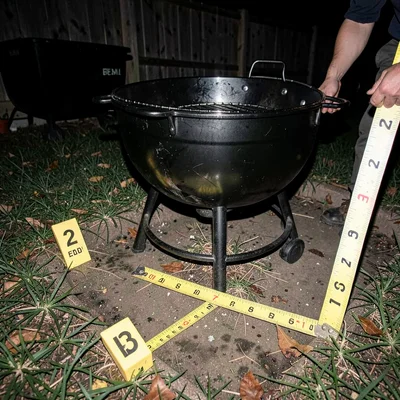Backyard barbecue grill area with evidence markers and ruler in frame