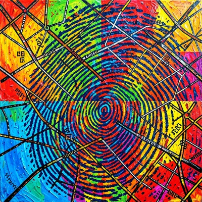 Fingerprint pattern filled with city map streets and intersections, double expos