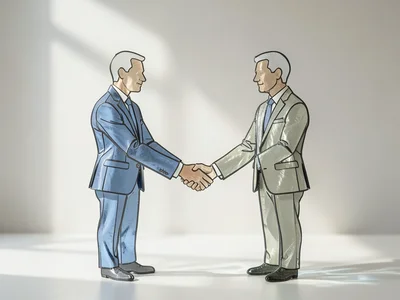 Two businesspeople shaking hands but they are made of translucent stained glass,