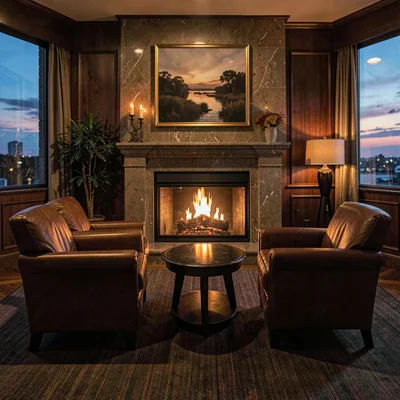 Twilight photo of a private executive lounge with leather chairs, warm fireplace