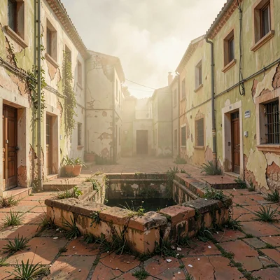Crumbling courtyard with a stepped well surround, weeds in the joints, sirocco h