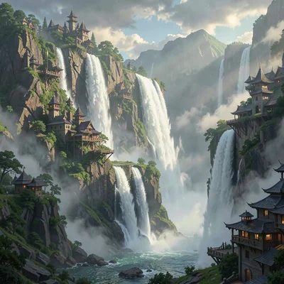 Fantasy environment illustration, a massive waterfall city with structures built