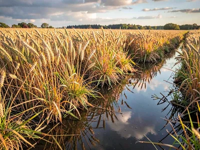 Wheat reflected in puddle after summer rain