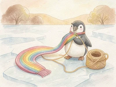 A penguin knitting a very long rainbow scarf that trails behind it across the ic