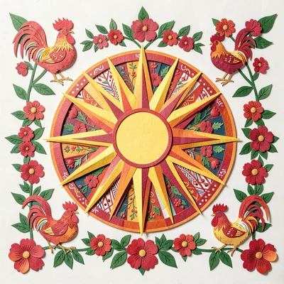 Polish wycinanki paper cut illustration, a circular sun with radiating geometric