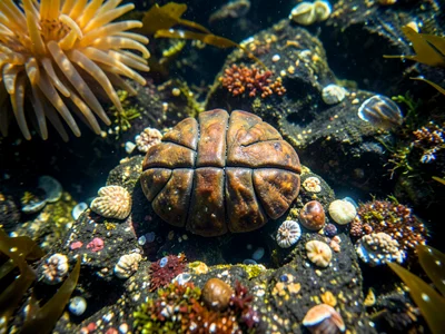 Chiton clinging to submerged rock, segmented armor plates in perfect bilateral s