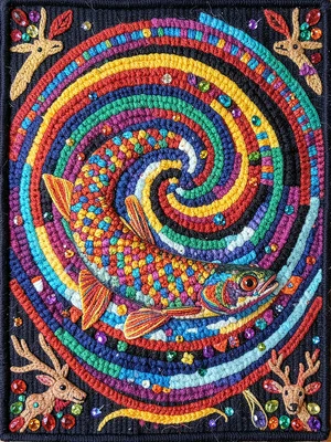 Fish swimming in spiral — body curving through rings of water color