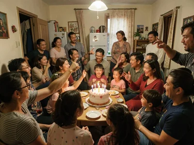 Child's birthday party in a cramped apartment, too many relatives, someone alway