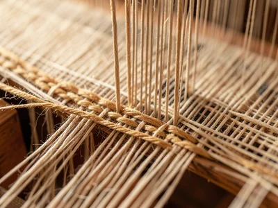 A weaving loom at macro: warp threads in tension, the weft being beaten into pla
