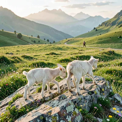 Fresh Alpine atmosphere, gentle pastoral quality, Young goat kids playing on roc