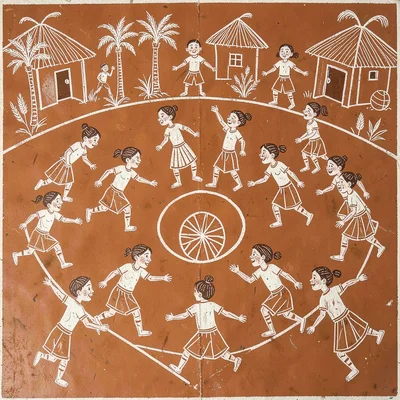 Group of children playing with a round ball — stick figures leaping around it