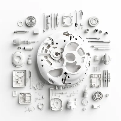 3D plastilina robot brain assembly tools on clean whi