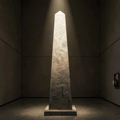 Vertical study of a tall granite obelisk catching a single beam of overhead ligh
