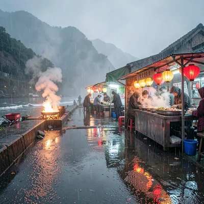 Jiufen rain beauty, wet mountain coastal, Night market stall, steam rising from 