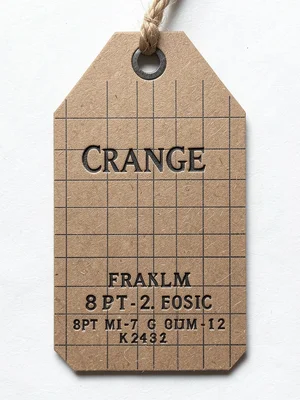 A luggage tag shape die-cut from kraft stock, with a name and address in 8pt Fra