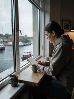 Comfortable grey harbor light in Gothenburg, Sweden, a person reading by a windo