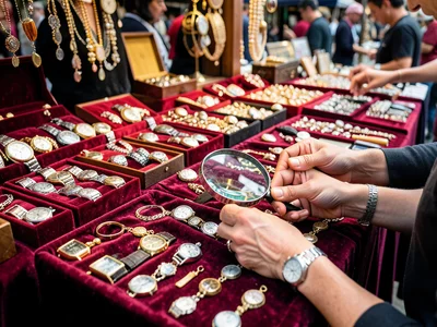 A flea market stall of vintage watches and jewelry, laid out on velvet, a magnif