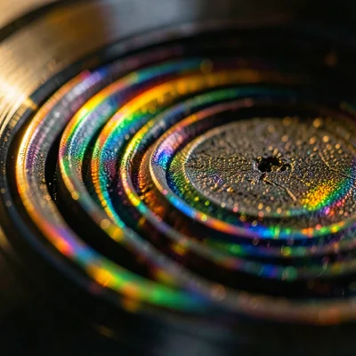 Vinyl record grooves catching light in rainbow prismatic colors, macro