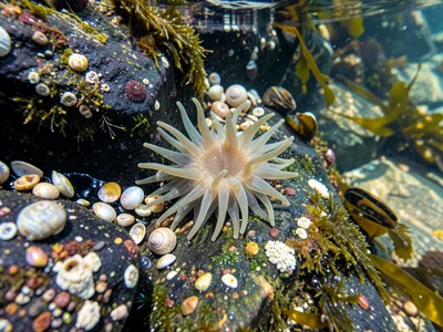 Periwinkle snails clustered at tide pool waterline, dozens of small shells at th