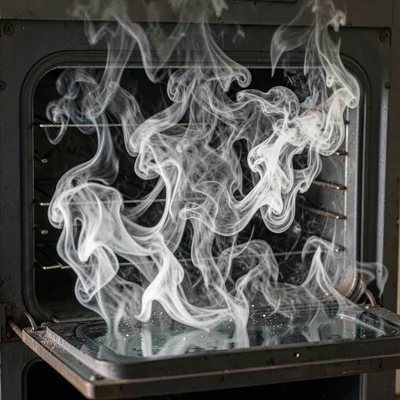 An open oven door from which heat billows outward, the air dense and distorted w