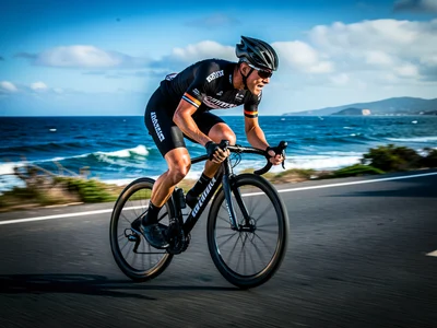 Cyclist in aerodynamic gear racing along a coastal road, ocean in background
