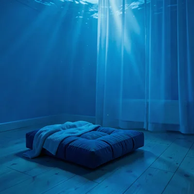 Deep oceanic blue saturation, light filtering through density, A meditation cush